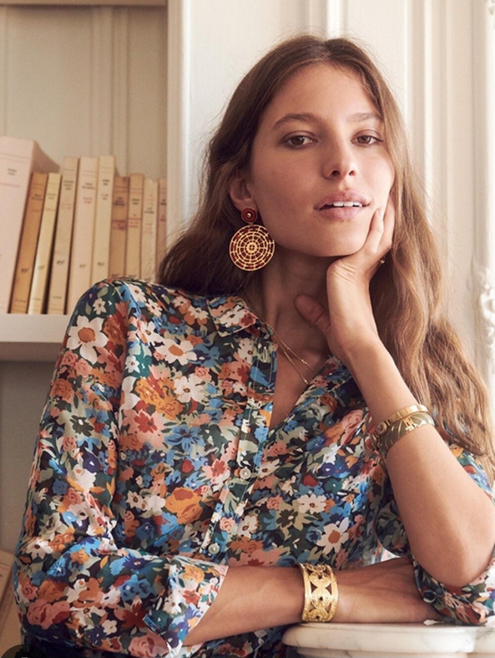 Sézane Floral Button Front Blouse Size 34 Multicolor Long Sleeve